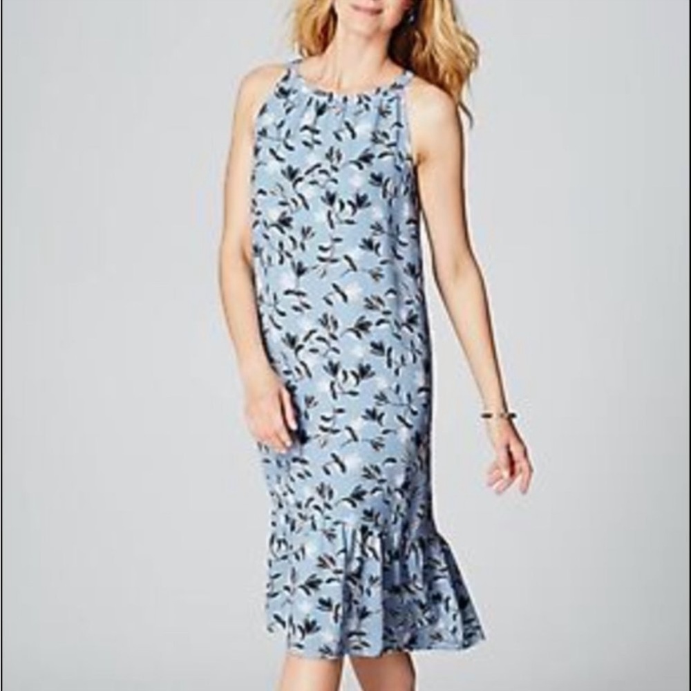 J JILL Wearever Floral Blue Flounce Hem Midi Dress Size S